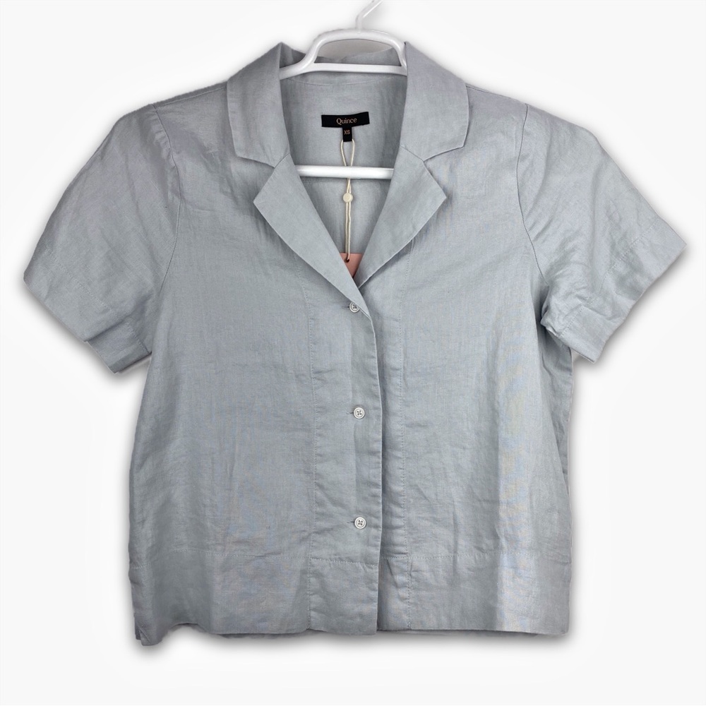 NWT Quince Women's 100% European Linen Short Sleeve Shirt XS Button Up Blue Mist - Picture 1 of 14